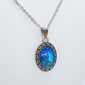 Iridescent Blue Oval Mermaid Scale / Dragon Scale / Fish Scale Pendant Necklace